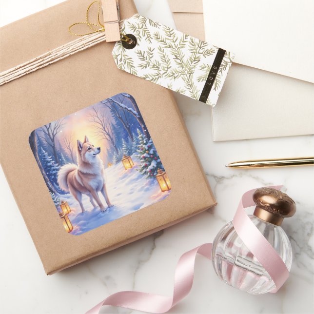 Pegatina Cuadrada Peaceful Akita on Snow Lantern Path Christmas Dog  (Regalar)