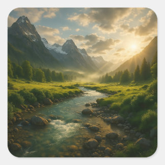 Pegatina Cuadrada Peaceful Mountain River Nature Landscape Sticker