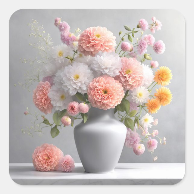 Pegatina Cuadrada Peach and White Dahlia Bouquet (Anverso)