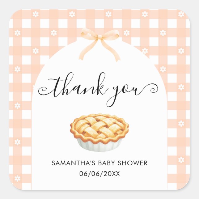 Pegatina Cuadrada Peach Coquette Pie Baby Shower Thank You (Anverso)
