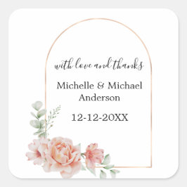 Pegatina Cuadrada Peach Floral Watercolor Arch Favor De Boda
