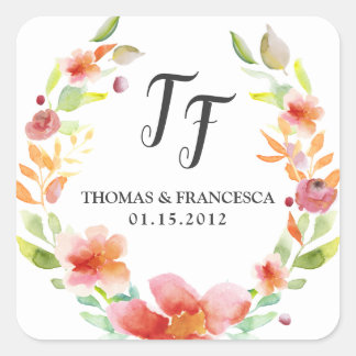 Pegatina Cuadrada Peach Floral Watercolor Wedding Stickers
