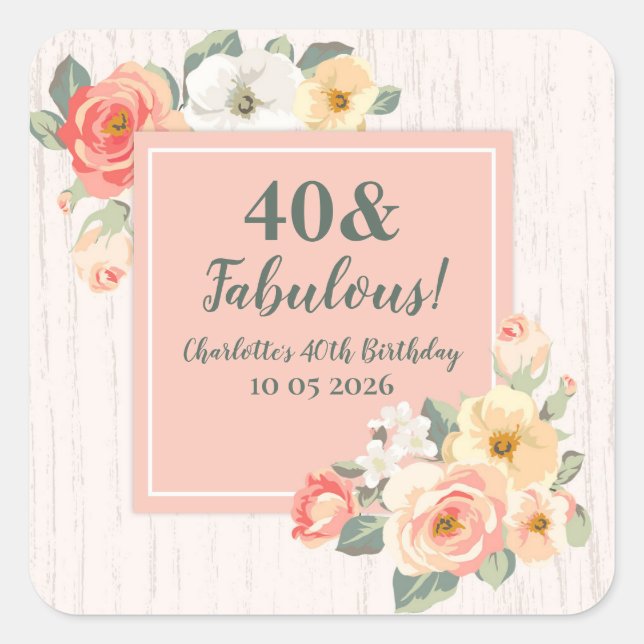 Pegatina Cuadrada Peach Flowers Personalizado Birthday Favor Etiquet (Anverso)