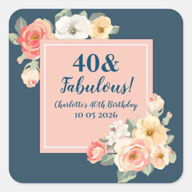 Pegatina Cuadrada Peach Flowers Personalizado Birthday Favor Etiquet (Anverso)