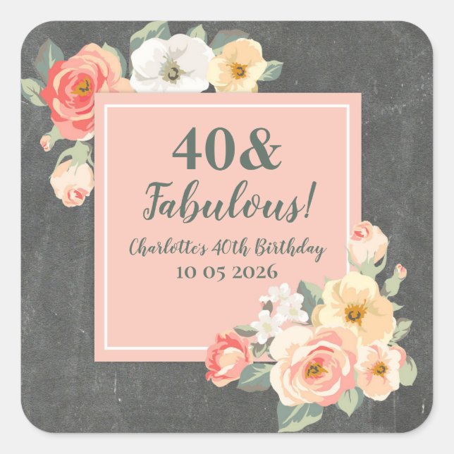 Pegatina Cuadrada Peach Flowers Personalizado Birthday Favor Etiquet (Anverso)