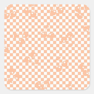 Pegatina Cuadrada Peach Fuzz Cherry Gingham Pattern