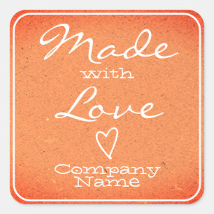 Pegatina Cuadrada Peach Made with Love Labels Kraft Paper Heart
