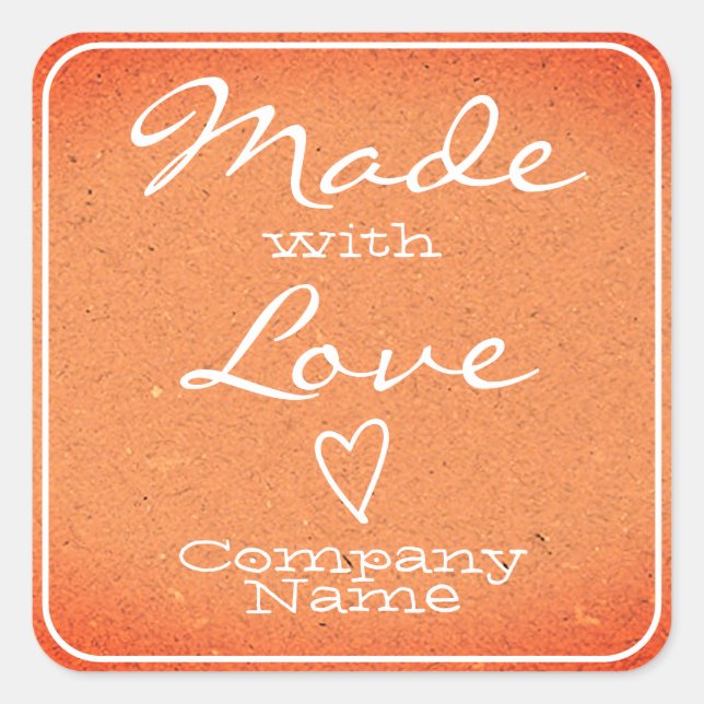 Pegatina Cuadrada Peach Made with Love Labels Kraft Paper Heart (Anverso)