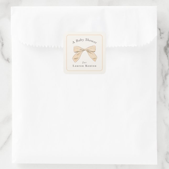 Pegatina Cuadrada Peach Peach Peach Bow Elegante Baby Shower Neutral (Bolso)