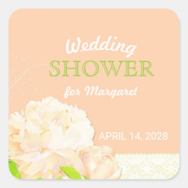 Pegatina Cuadrada Peach Peony Floral Bridal Shower