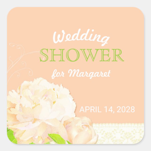 Pegatina Cuadrada Peach Peony Floral Bridal Shower (Anverso)