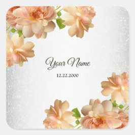 Pegatina Cuadrada Peach Roses Floral Silver Glitter Wedding Party