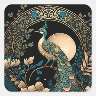 Pegatina Cuadrada Peacock Art Deco