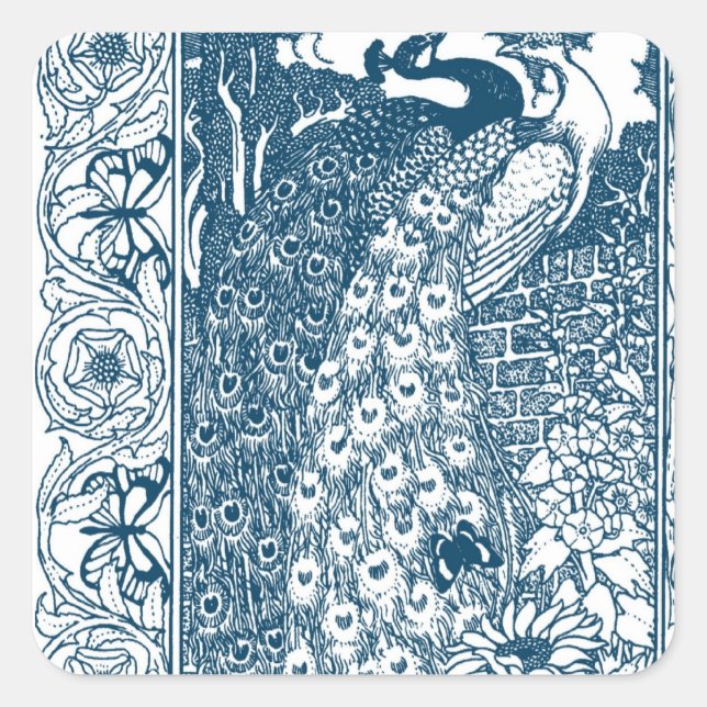 Pegatina Cuadrada Peacock Art Nouveau (Anverso)