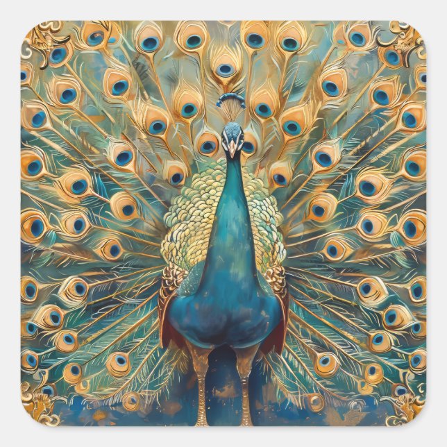 Pegatina Cuadrada Peacock Art Nouveau (Anverso)