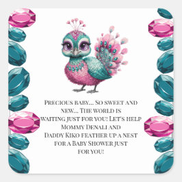 Pegatina Cuadrada Peacock Baby Shower de bebé joven rosa y Verde azu