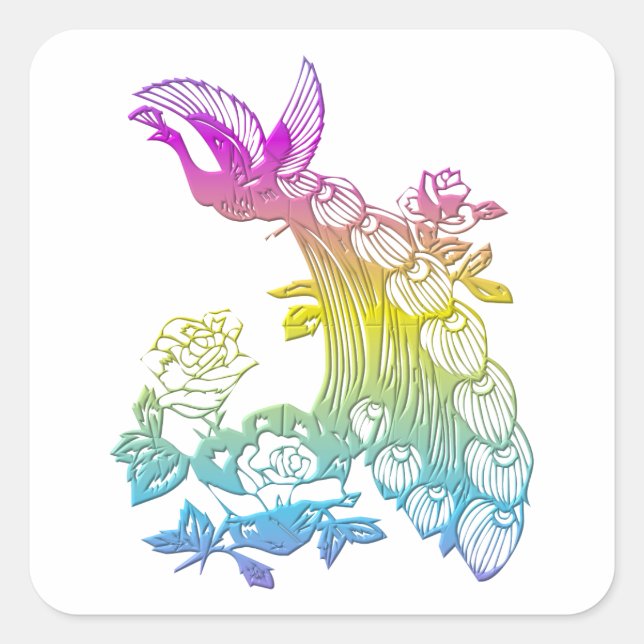 Pegatina Cuadrada Peacock con rosas (Anverso)