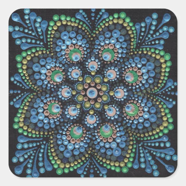 Pegatina Cuadrada Peacock Dot Mandala (Anverso)
