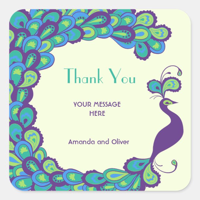 Pegatina Cuadrada Peacock Elegance Vintage Gracias Boda (Anverso)