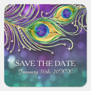 Pegatina Cuadrada Peacock Feather Boda Jeweld Feathers Bokeh