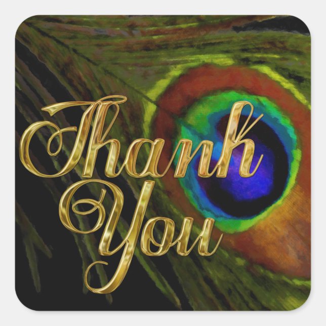 Pegatina Cuadrada Peacock Feather Gracias (Anverso)