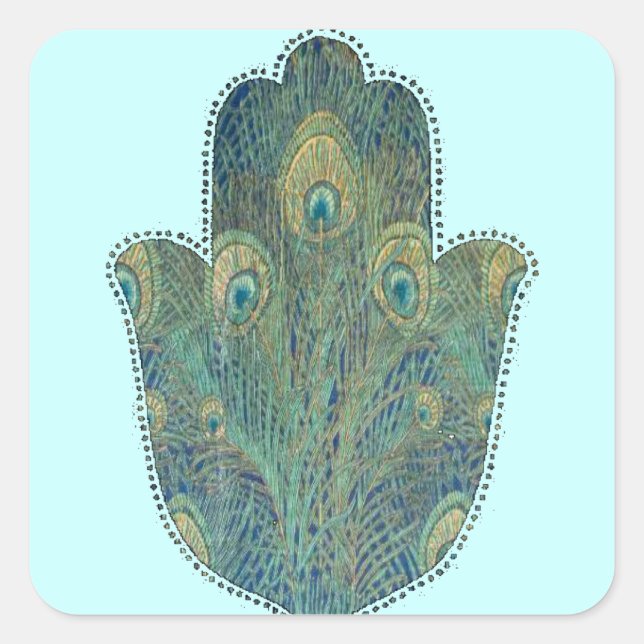 Pegatina Cuadrada Peacock Feather Hamsa (Anverso)