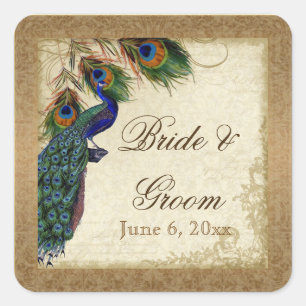 Pegatina Cuadrada Peacock & Feathers Vintage Gold Look Damask Swirl