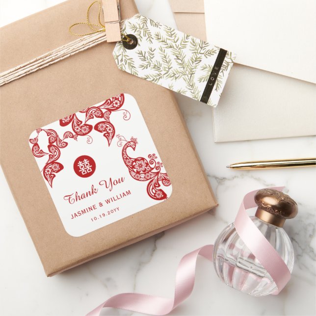 Pegatina Cuadrada Peacock floral rojo doble felicidad Boda asiático (Regalar)