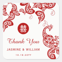 Pegatina Cuadrada Peacock floral rojo doble felicidad Boda asiático