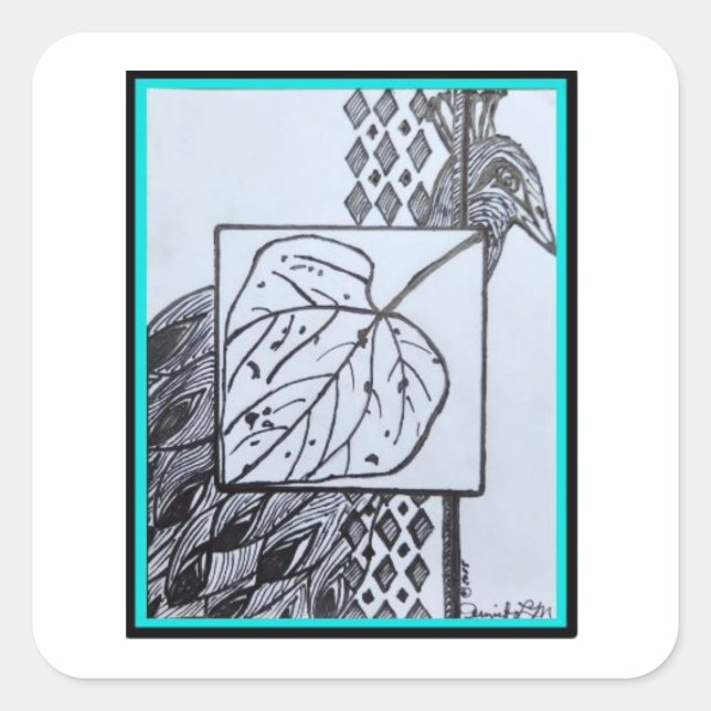 Pegatina Cuadrada Peacock & Leaf Sticker -Blk & Turquoise (Anverso)