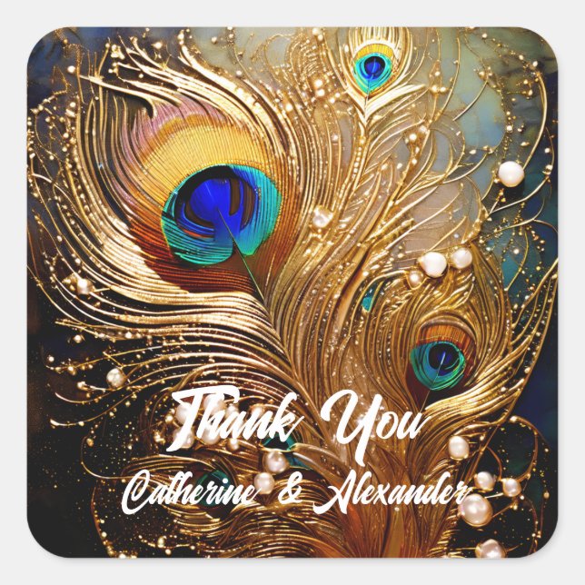 Pegatina Cuadrada Peacock plumas perlas plumas elegantes de lujo (Anverso)