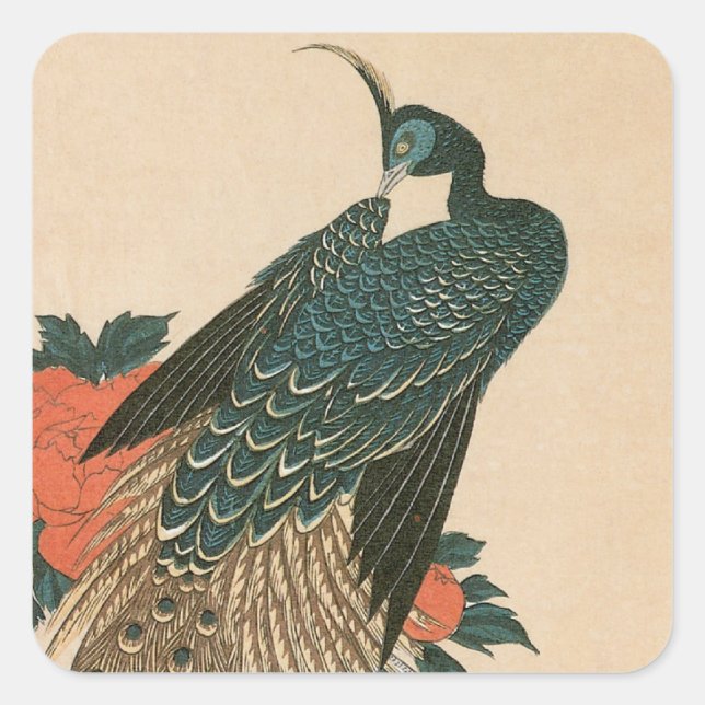 Pegatina Cuadrada Peacock y peonías de Hiroshige, arte japonés (Anverso)