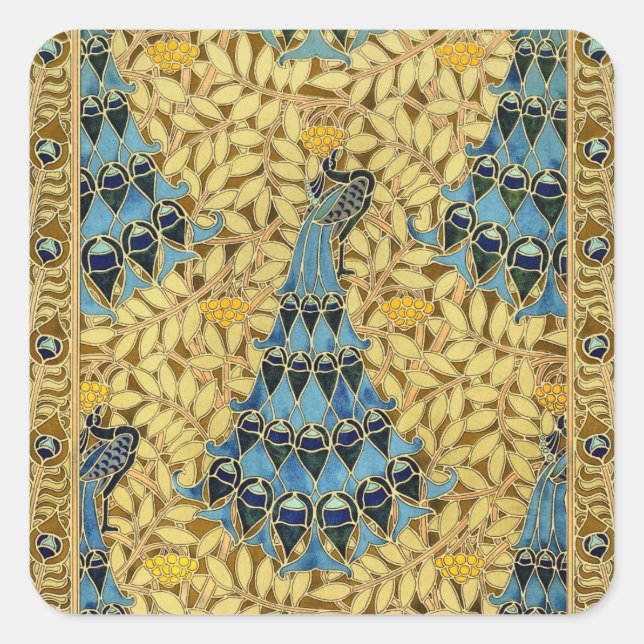 Pegatina Cuadrada Peacocks Birds Rowan Trees Art Nouveau (Anverso)