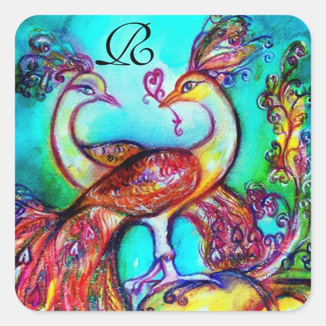 Pegatina Cuadrada PEACOCKS EN AMOR MONOGRAMA azul turquesa rojo verd (Anverso)
