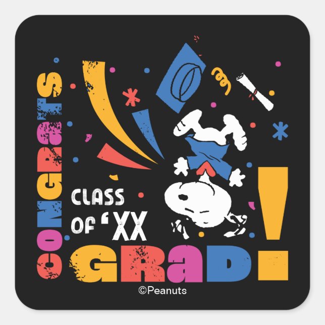 Pegatina Cuadrada Peanuts Snoopy Congrats Grad Graduation Confetti (Anverso)