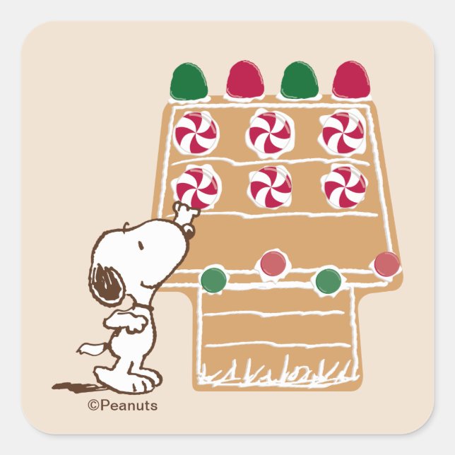 Pegatina Cuadrada Peanuts | Snoopy Gingerbread House (Anverso)