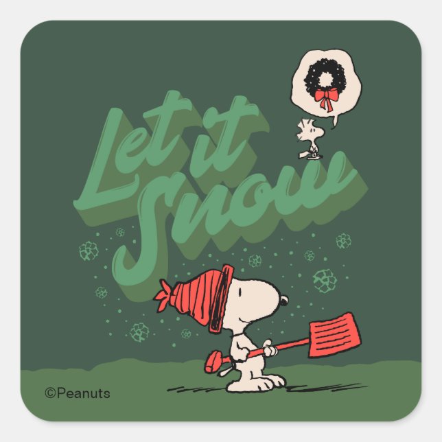 Pegatina Cuadrada Peanuts | Snoopy & Woodstock Let It Snow (Anverso)