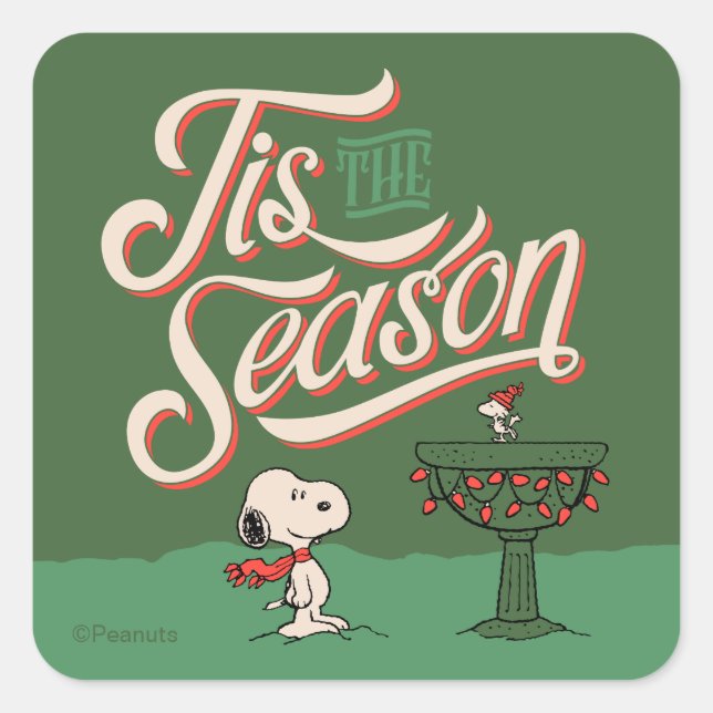 Pegatina Cuadrada Peanuts | Snoopy & Woodstock Tis The Season (Anverso)