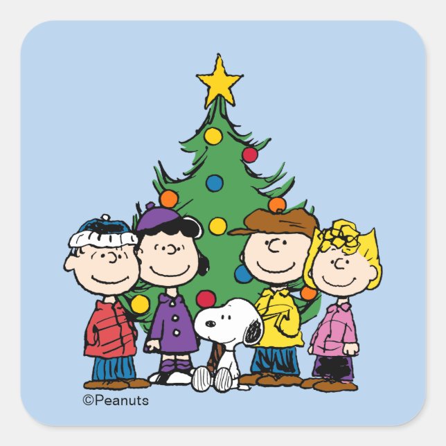 Pegatina Cuadrada Peanuts | The Gang Around the Christmas Tree Squar (Anverso)