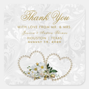 Pegatina Cuadrada Pearl Hearts & Flowers Damask Wedding Gracias