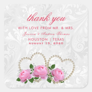 Pegatina Cuadrada Pearl Hearts & Rosas Damask Wedding Gracias