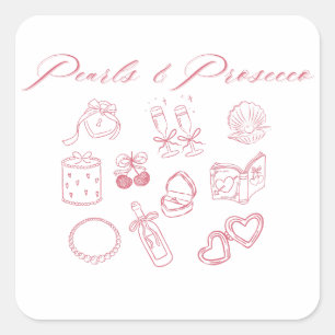 Pegatina Cuadrada Pearls & Prosecco Design Despedida de soltera Ro