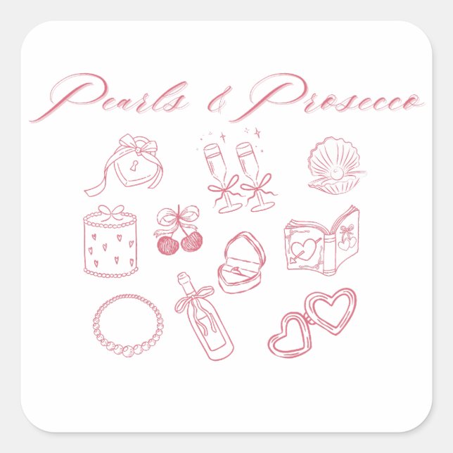 Pegatina Cuadrada Pearls & Prosecco Design | Despedida de soltera Ro (Anverso)