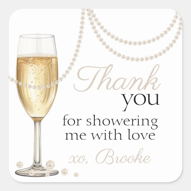 Pegatina Cuadrada Pearls Prosecco elegante Bridal Shower gracias (Anverso)