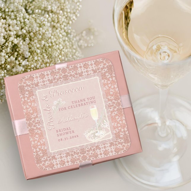 Pegatina Cuadrada Pearls & Prosecco Rosa Gold Bridal Shower Favor (Subido por el creador)