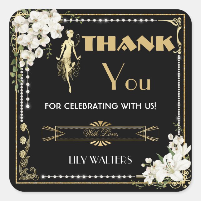 Pegatina Cuadrada Pearls White Floral Art Deco Gatsby 20 Aniversario (Anverso)