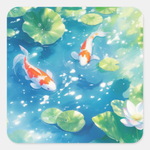 Pegatina Cuadrada Peces Koi Entre Hojas de Nenúfar
