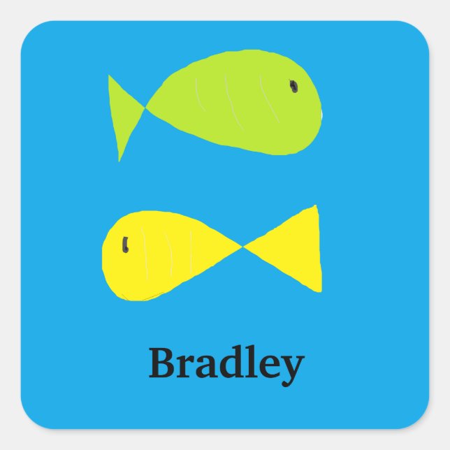 Pegatina Cuadrada Peces verdes y amarillos lisos en azul (Anverso)