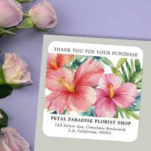 Pegatina Cuadrada Pedido de agradecimiento de flores Aloha acuarela