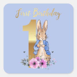 Pegatina Cuadrada Pedro el Oro de Conejo Primer Cumpleaños